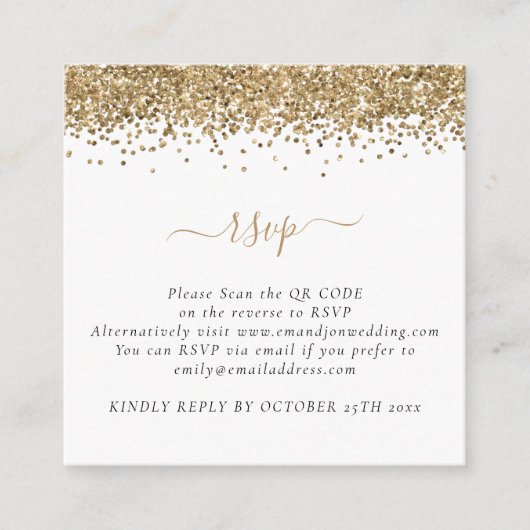 Mini Glam Gold Glitter QR Code Weddenschap RSVP Informatiekaartje (Voorkant)