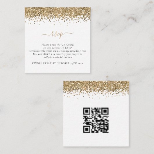 Mini Glam Gold Glitter QR Code Weddenschap RSVP Informatiekaartje (Voorkant / Achterkant)