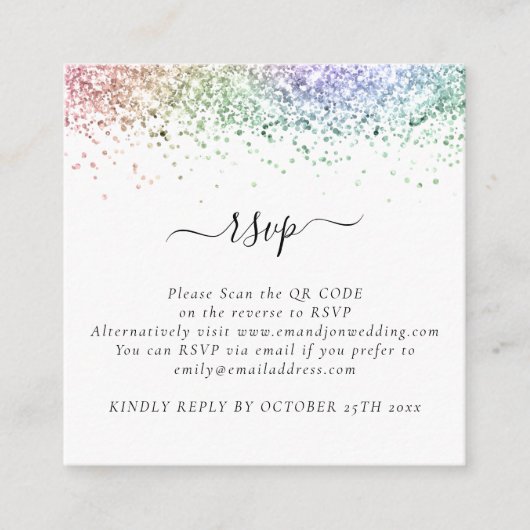 Mini Glam Rainbow Glitter QR Code Weddenschap RSVP Informatiekaartje (Voorkant)