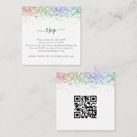 Mini Glam Rainbow Glitter QR Code Weddenschap RSVP Informatiekaartje (Voorkant / Achterkant)