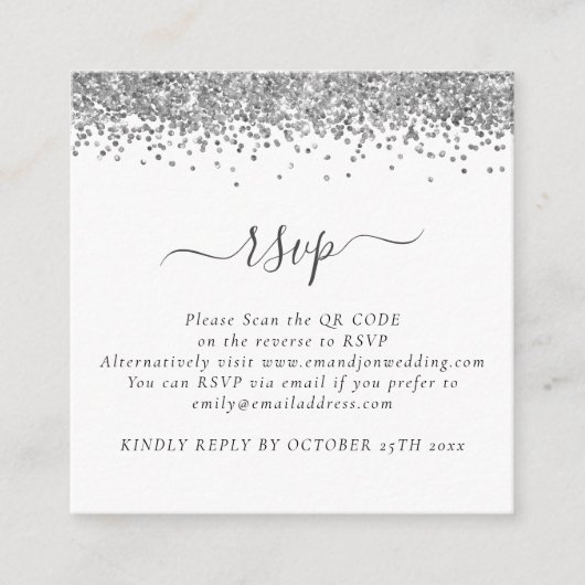 Mini Glam Silver Glitter QR Code Weddenschap RSVP Informatiekaartje (Voorkant)
