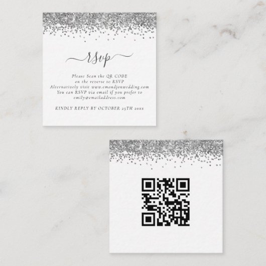 Mini Glam Silver Glitter QR Code Weddenschap RSVP Informatiekaartje (Voorkant / Achterkant)