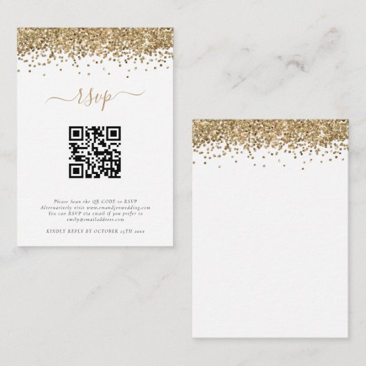 Mini Gold Glitter QR Code Weddenschap RSVP Informatiekaartje (Voorkant / Achterkant)