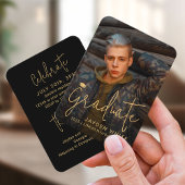 Mini Gold Modern Script Foto Afstuderen Uitnodigen Informatiekaartje