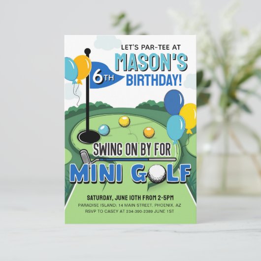 Mini Golf Birthday Invitation, Putt Putt Birthday Kaart (Staand voorkant)