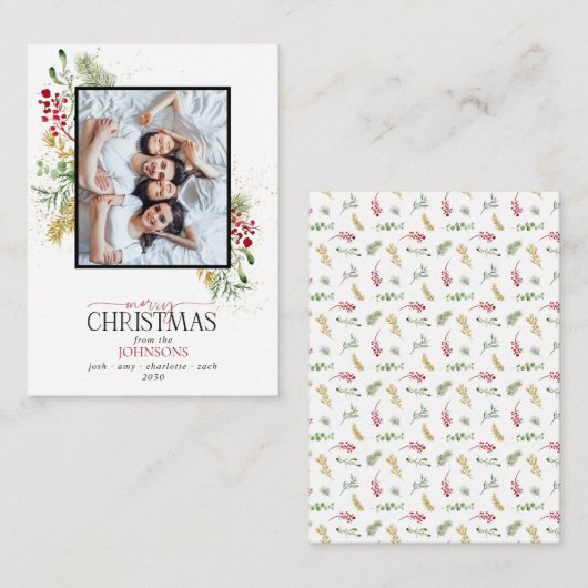 Mini Gouden Winter Groen Vrolijk Kerstfeest Foto Notitiekaartje (Voorkant / Achterkant)