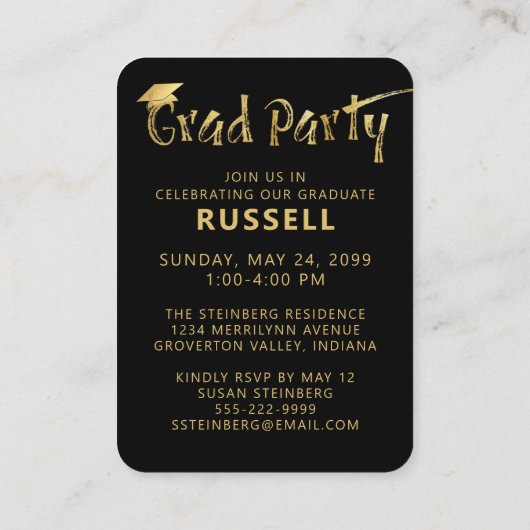 Mini Graduation Party Foto Black Gold Uitnodiging Informatiekaartje (Achterkant)