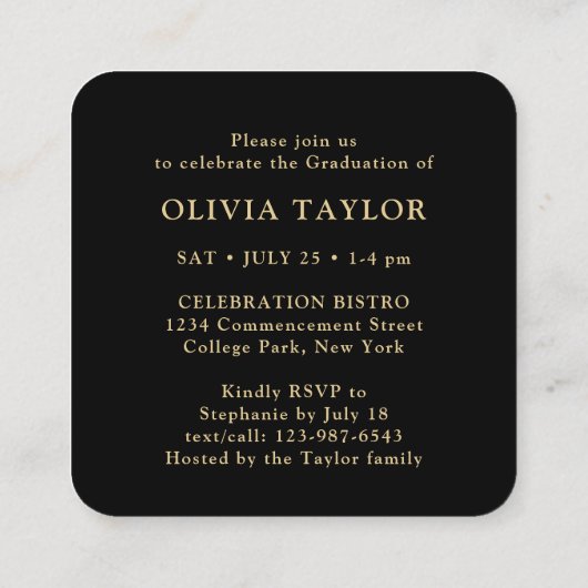 Mini Graduation Party Uitnodiging Zwart & Goud Kaa Informatiekaartje (Achterkant)