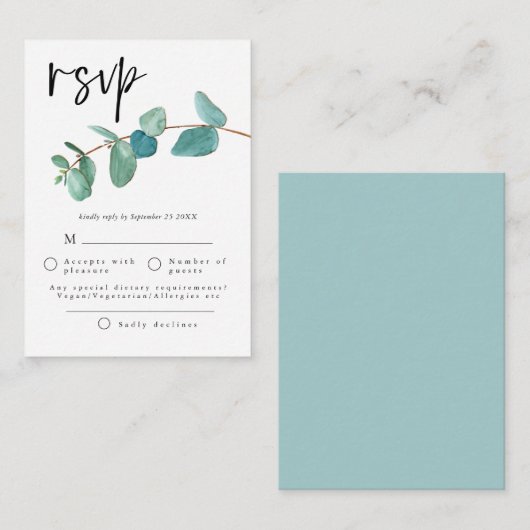 MINI-GROOTTE | Blauwe eucalyptusbladeren Weddensch Notitiekaartje (Voorkant / Achterkant)