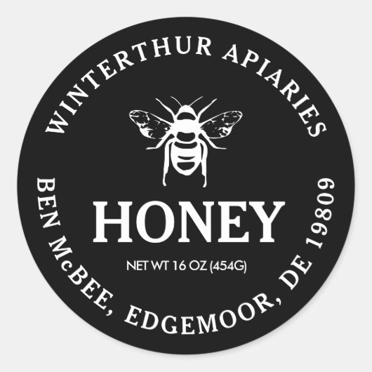 Mini Honey Jar Label met bijen op zwart (Voorkant)