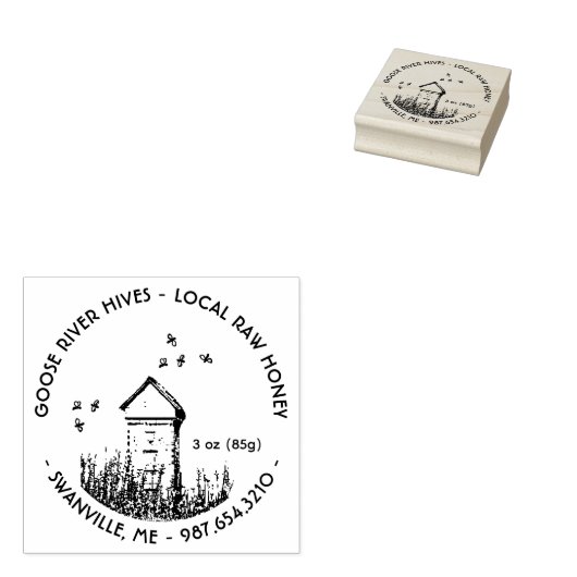 Mini Honey Label Rubber Stamp met Hive and Bees Rubberstempel (Gestempeld)