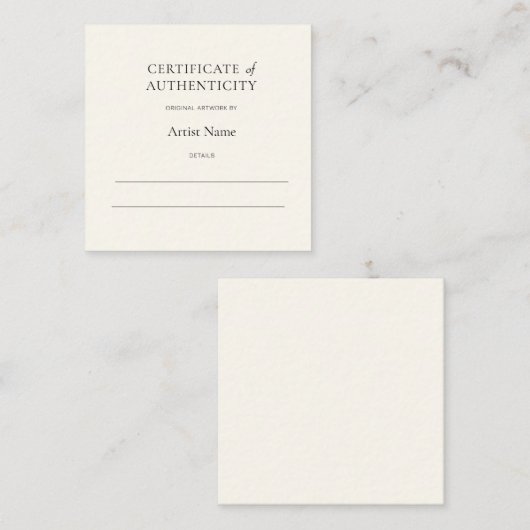 Mini Ivory Certificate of Authenticity for Art  Notitiekaartje (Voorkant / Achterkant)