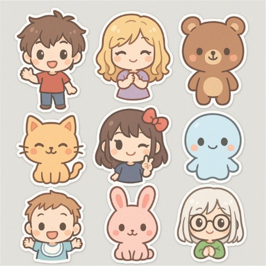 Mini Kawaii Chibi Stickerblad – Kinderen & Dieren Sticker (Voorkant)