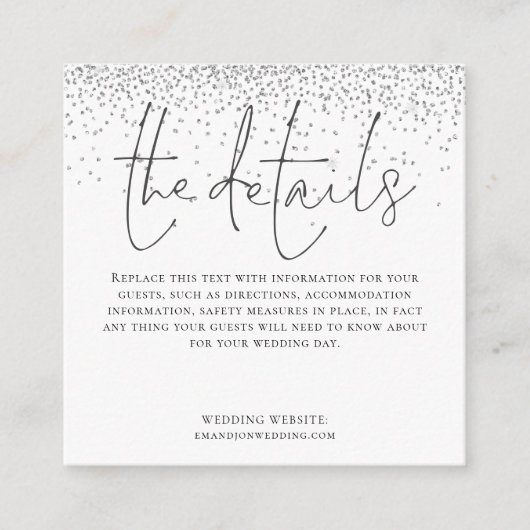 MINI MAAT Bruiloft Details Script Zilveren Glitter Informatiekaartje (Voorkant)