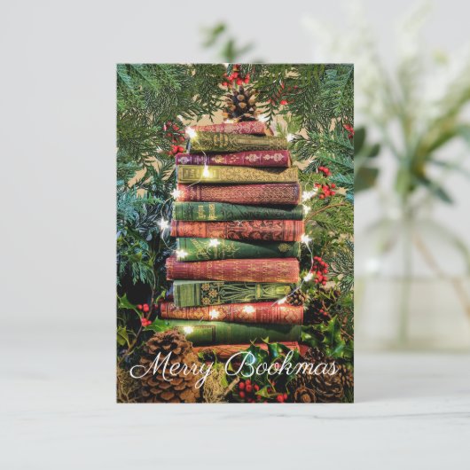 Mini Merry Bookmas Holiday-kaart RSVP Kaartje (Staand voorkant)