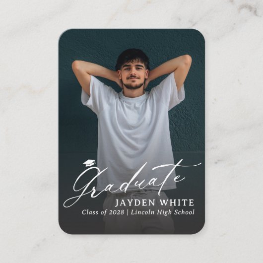 Mini Modern Brush Script Foto Afstuderen Uitnodige Informatiekaartje (Voorkant)