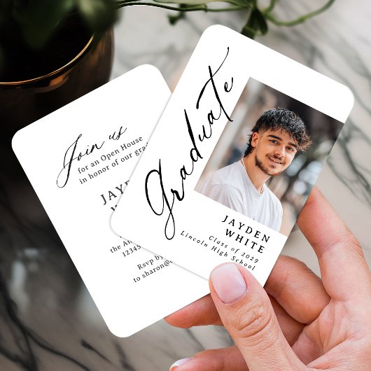Mini Modern Brush Script Photo Graduation Invite Informatiekaartje