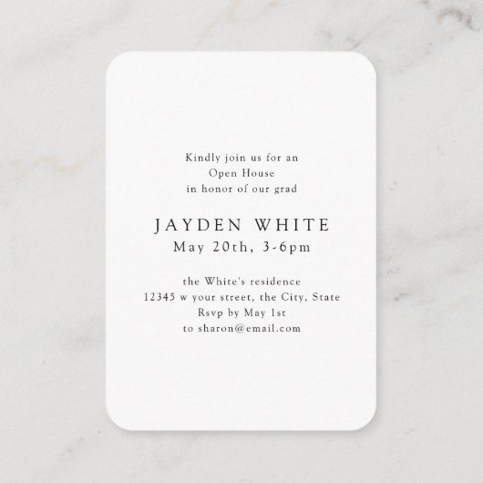 Mini Modern Chic Script Foto Afstuderen Uitnodigen Informatiekaartje (Achterkant)