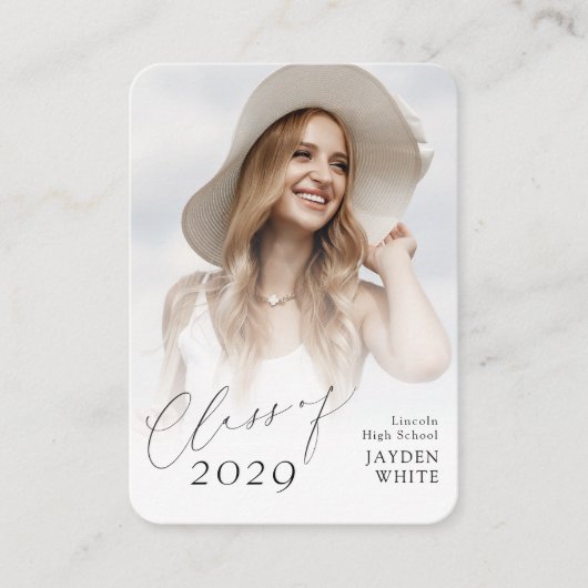 Mini Modern Chic Script Foto Afstuderen Uitnodigen Informatiekaartje (Voorkant)