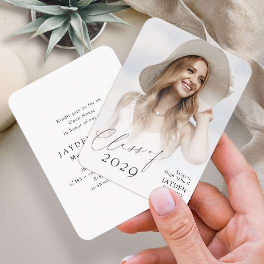 Mini Modern Chic Script Foto Afstuderen Uitnodigen Informatiekaartje