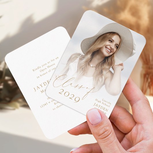 Mini Modern Chic Script Foto Afstuderen Uitnodigen Informatiekaartje