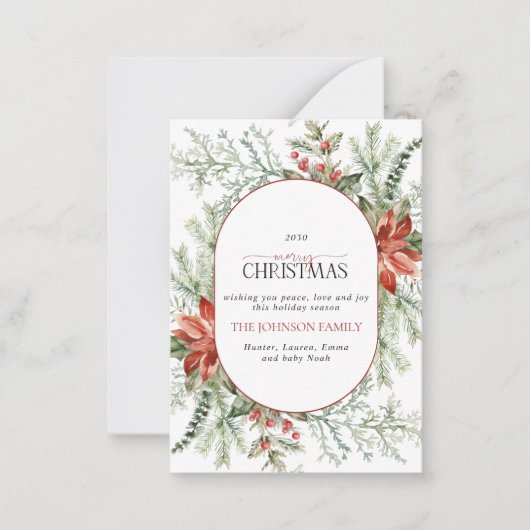 Mini Moderne boog Poinsettia Vrolijk kerstscript Notitiekaartje (Voorkant)