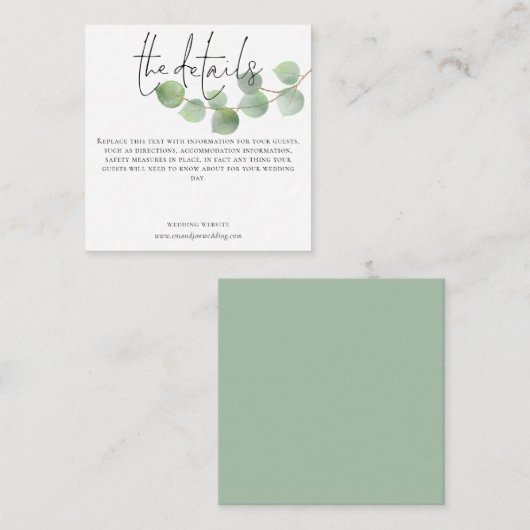MINI Moderne Eucalyptus Trouwdetails Script Informatiekaartje (Voorkant / Achterkant)