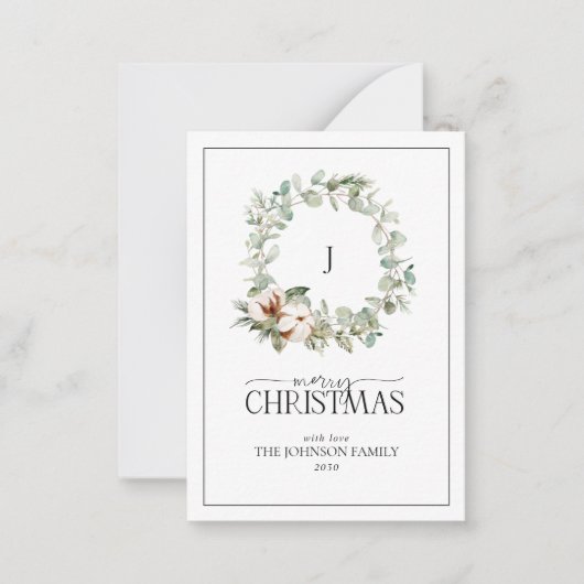 Mini Monogram Katoen Bloemen Krans Vrolijk Kerstfe Notitiekaartje (Voorkant)