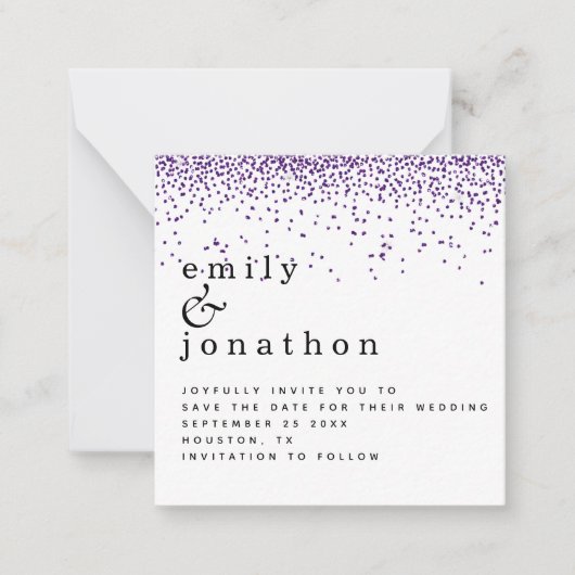 MINI Paarse Glitter Confetti Wedding Save the Date Notitiekaartje (Voorkant)