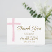 Mini Pink Cross First Holy Communion Thank You Informatiekaartje (Staand voorkant)