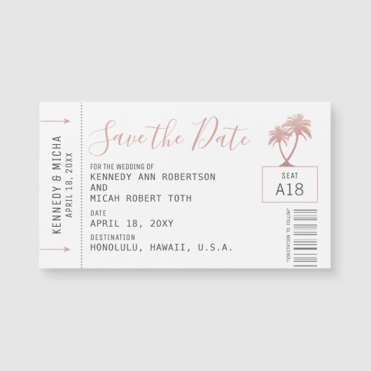 Mini Pink Plane Ticket Beach bruiloft Magnet (Voorkant)