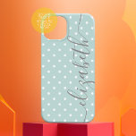 Mini Polka Dots met script grijze naam pastel blau Case-Mate iPhone 14 Hoesje<br><div class="desc">Een feministisch en gierig polkadot ontwerp met een naam in een handgeschreven, kalligrafische doopvont. De naam is een grote handtekening aan de zijkant van het deksel met een zacht, klein pokpuntpatroon op de achtergrond. U kunt de kleur veranderen door op het aanpassingsgebied te klikken en een verschillende kleur voor de...</div>