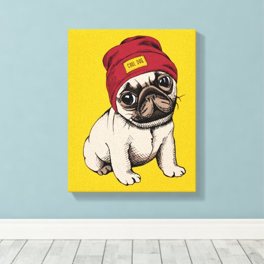 Mini Puppy Hipster Pug Canvas Afdruk (Insitu (Houten vloer))