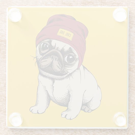 Mini Puppy Hipster Pug Glazen Onderzetter (Achterkant)