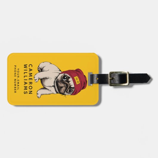Mini Puppy Hipster Pug | Jouw namen toevoegen Bagagelabel (Voorkant horizontaal)