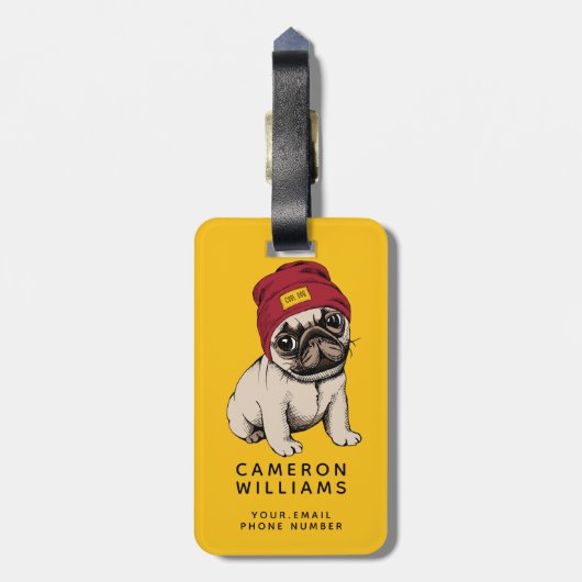 Mini Puppy Hipster Pug | Jouw namen toevoegen Bagagelabel (Achterkant verticaal)