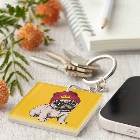 Mini Puppy Hipster Pug Sleutelhanger (Voorkant Rechts)