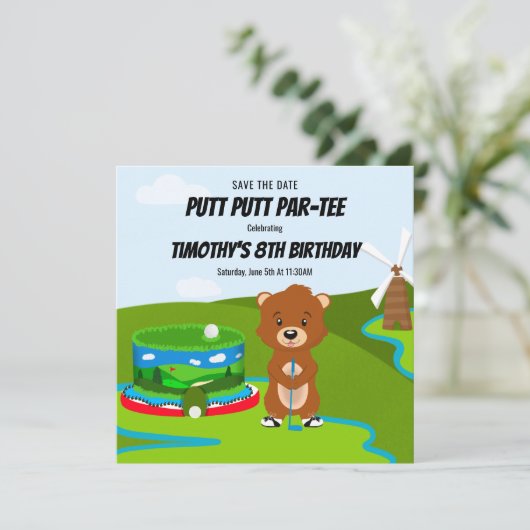 Mini Putt Putt Verjaardag Schattigee Gopher Kinder Save The Date (Staand voorkant)