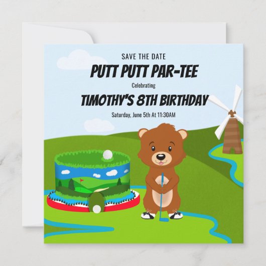 Mini Putt Putt Verjaardag Schattigee Gopher Kinder Save The Date (Voorkant)