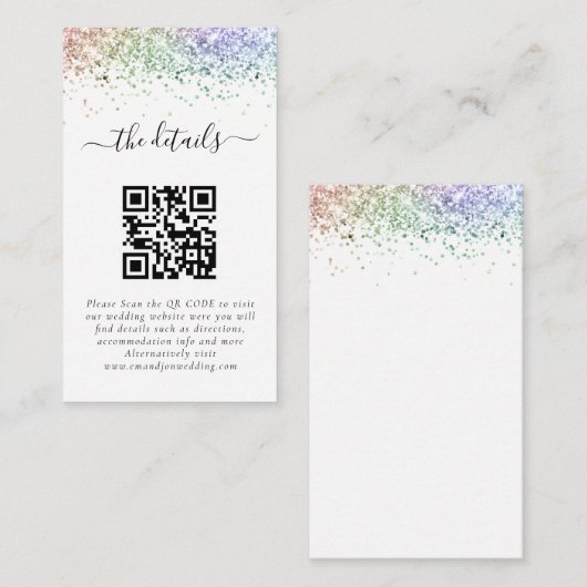 Mini Rainbow Glitter QR Code Weddenschap Details Informatiekaartje (Voorkant / Achterkant)