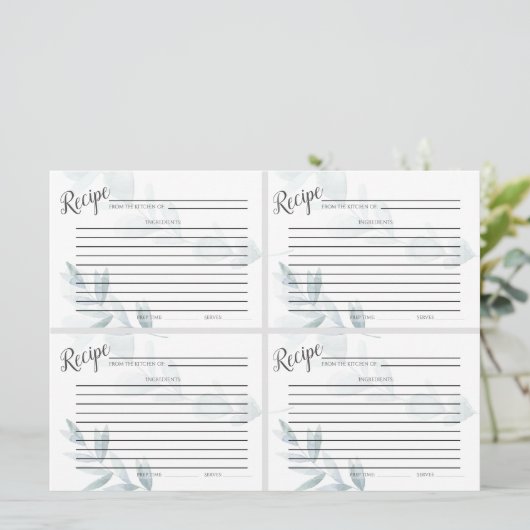 Mini RECEPT KAARTEN | Dusty Blue Waterverf Eucalyp (Staand voorkant)