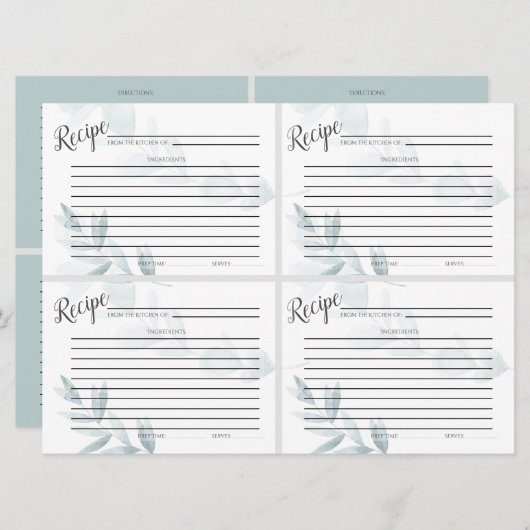 Mini RECEPT KAARTEN | Dusty Blue Waterverf Eucalyp (Voorkant / Achterkant)