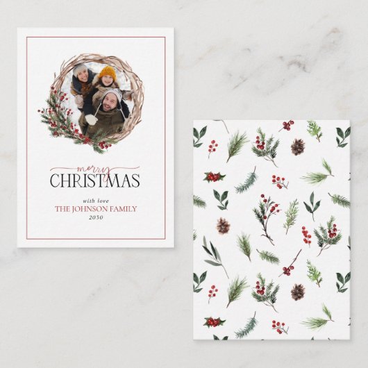 Mini Red Berry Foto krans Vrolijk Kerstfeest Notitiekaartje (Voorkant / Achterkant)