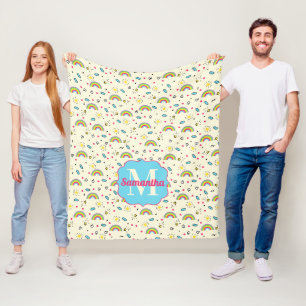 Mini Regenboog Toss op Geel Retro Patroon Monogram Fleece Deken