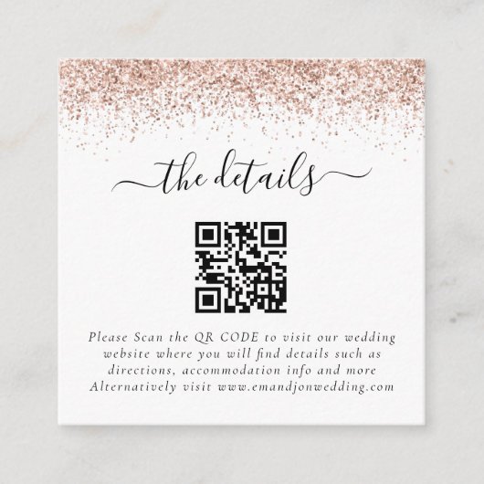 Mini Roos Gold Glitter QR Code Weddenschap Details Informatiekaartje (Voorkant)