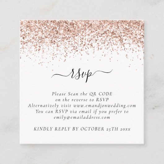 Mini Roos Gold Glitter QR Code Weddenschap RSVP Informatiekaartje (Voorkant)