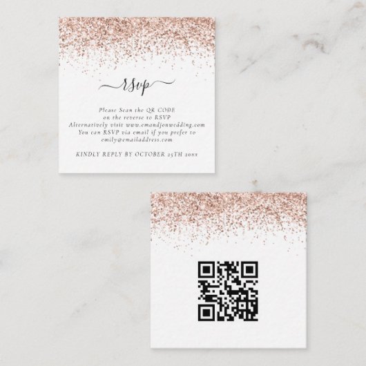 Mini Roos Gold Glitter QR Code Weddenschap RSVP Informatiekaartje (Voorkant / Achterkant)