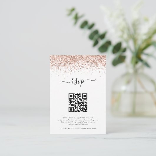 Mini Roos Gold Glitter QR Code Weddenschap RSVP Informatiekaartje (Staand voorkant)