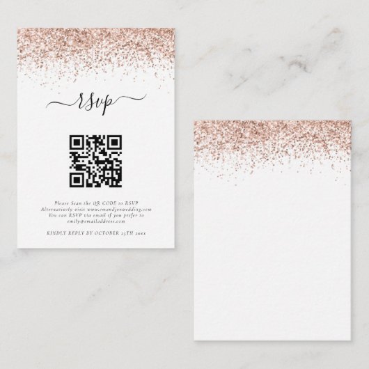 Mini Roos Gold Glitter QR Code Weddenschap RSVP Informatiekaartje (Voorkant / Achterkant)