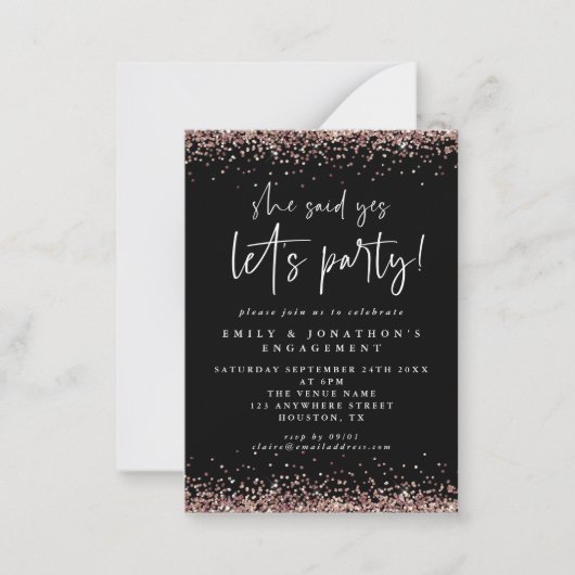 MINI Rose Goud Glitter Zwart Uitnodiging voor de V (Voorkant)
